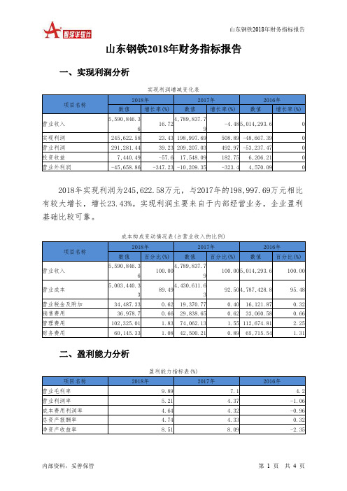 山东钢铁2018年财务指标报告-智泽华