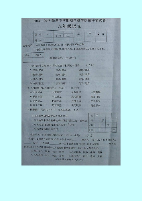 最新2015年第二学期八年级语文期中试卷及答案