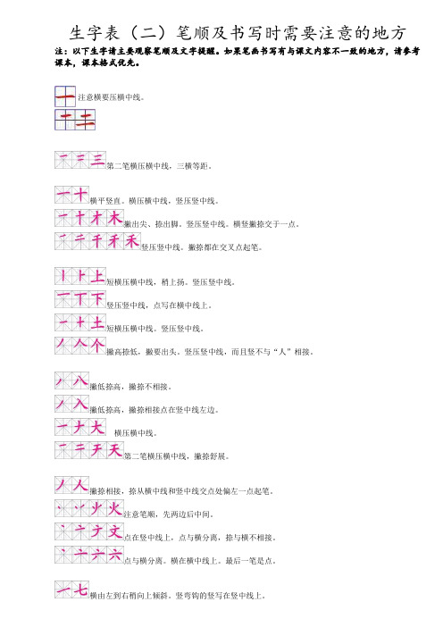 一年级上册生字表(二)笔顺及关键笔画