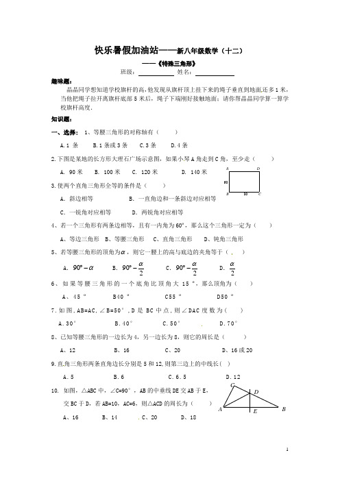 快乐暑假加油站——新八年级数学(十二) 特殊三角形