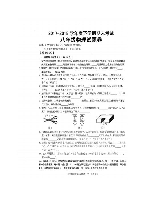 江西省赣州市大余县2017-2018学年八年级下学期期末考试物理试题(图片版)