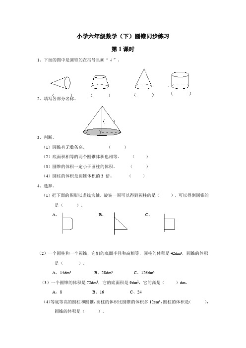 14—15学年下学期六年级数学(西师大版)圆锥第1课时同步练习(附答案)