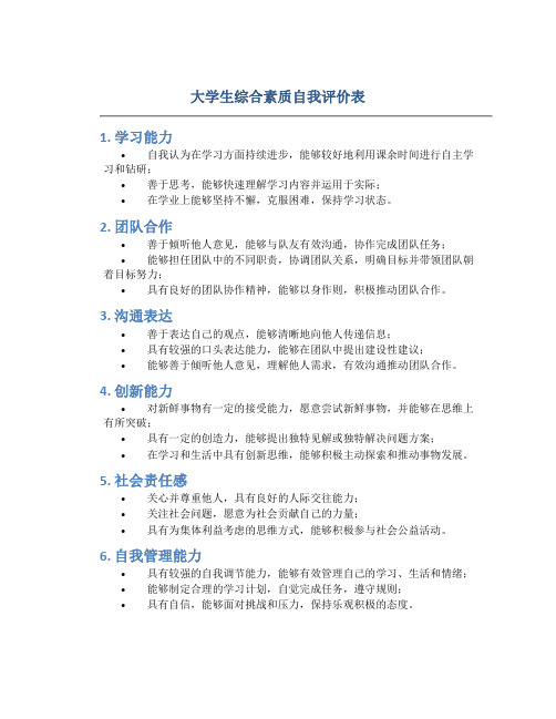 大学生综合素质自我评价表