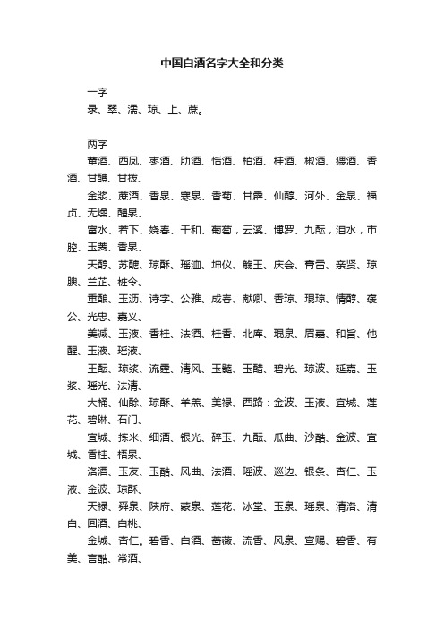 中国白酒名字大全和分类