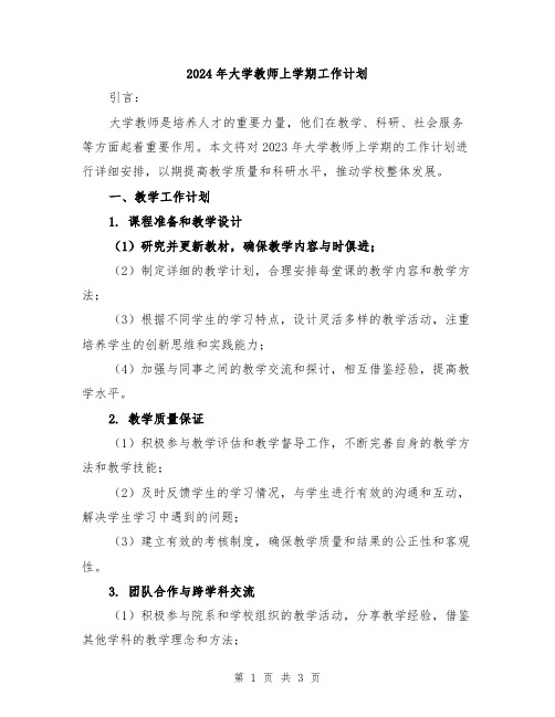 2024年大学教师上学期工作计划