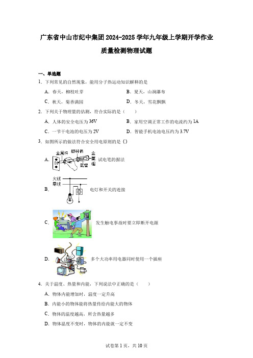 广东省中山市纪中集团2024-2025学年九年级上学期开学作业质量检测物理试题