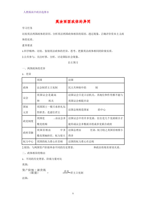 高中政治选修3精品学案9：2.4 英法两国政体的异同学案