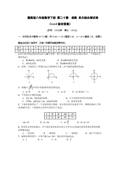 冀教版八年级数学下册 第二十章 函数 单元综合测试卷(word版有答案)