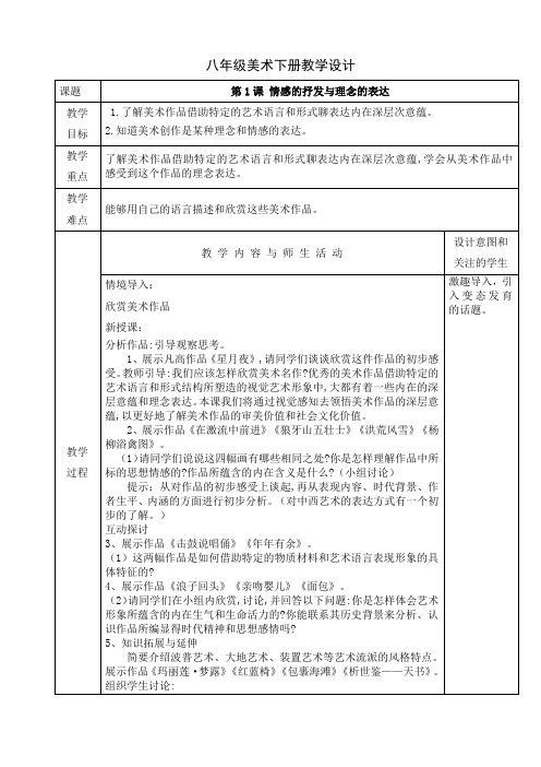 人教版八年级美术下册教学设计：第1课 情感的抒发和理念的表达