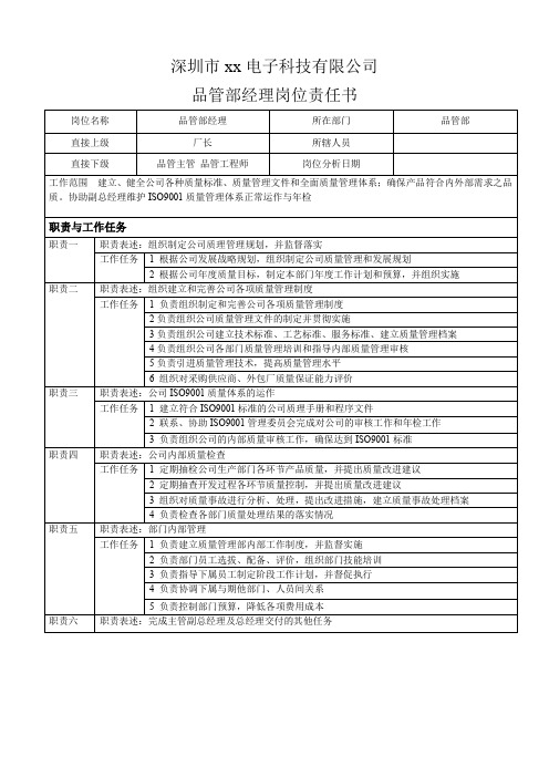 品管部经理职务说明书