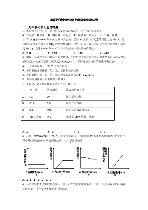 重庆巴蜀中学化学初三化学上册期末化学试卷