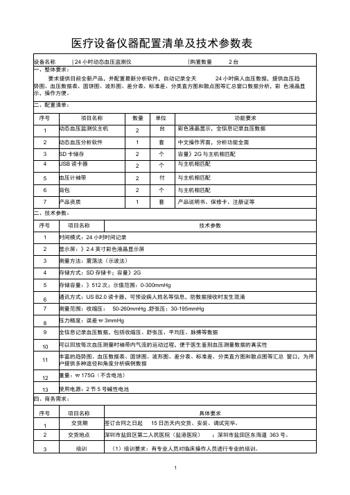 医疗设备仪器配置清单及技术参数表