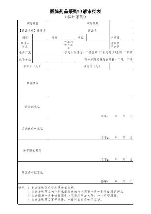 医院临时药品采购申请审批表