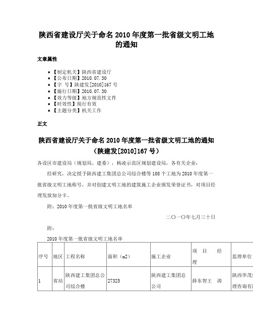 陕西省建设厅关于命名2010年度第一批省级文明工地的通知