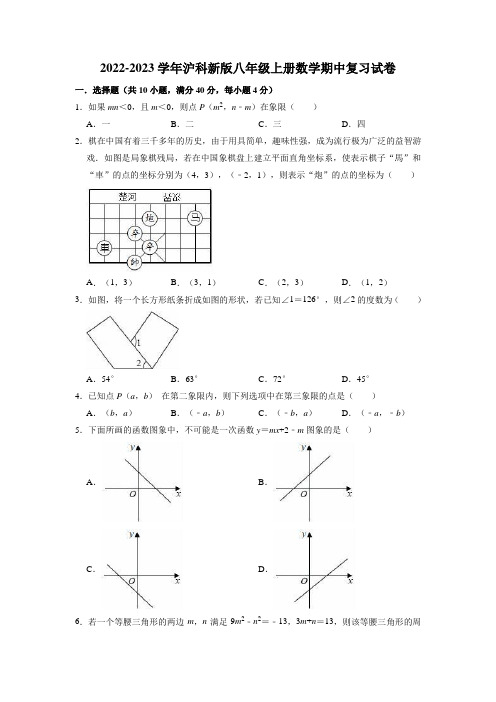 2022-2023学年沪科新版八年级上册数学期中复习试卷