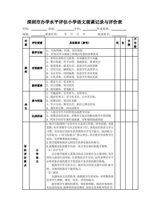 小学语文观课记录表观课记录与评价表(语文)