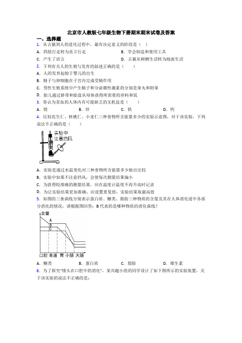 北京市人教版七年级生物下册期末期末试卷及答案