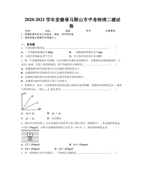 最新2020-2021学年安徽省马鞍山市中考物理二模试卷及解析