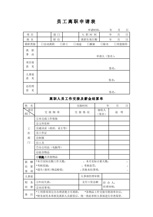 员工离职申请表及交接单