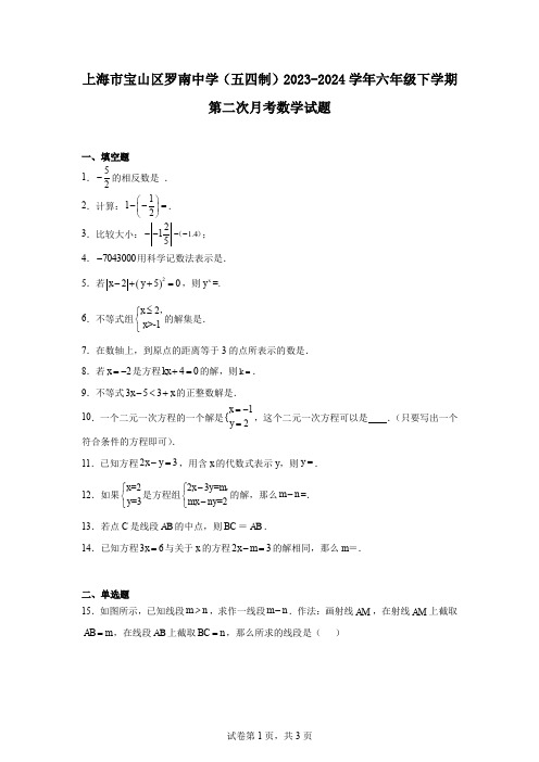 上海市宝山区罗南中学(五四制)2023-2024学年六年级下学期第二次月考数学试题