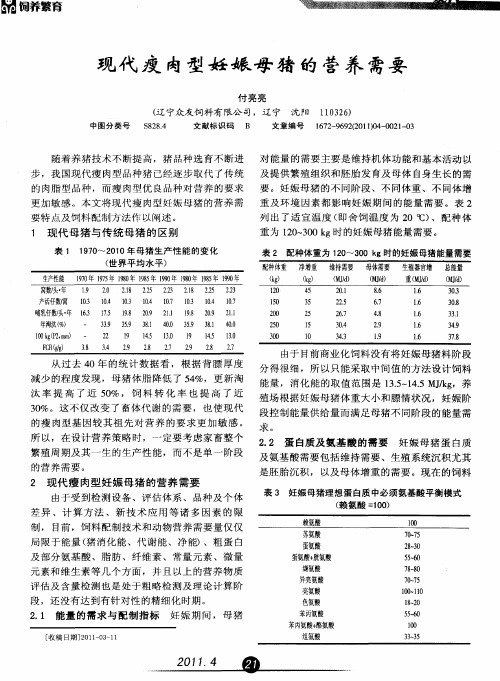 现代瘦肉型妊娠母猪的营养需要