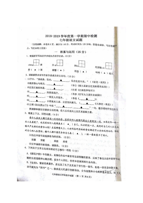 江苏省徐州市区2018-2019学年度七年级第一学期联校期中检测语文试题(含答案)