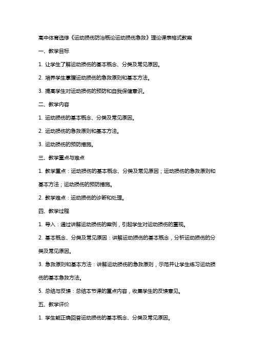 高中体育选修《运动损伤防治概论运动损伤急救》理论课表格式教案