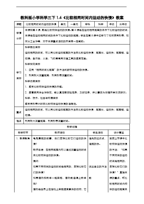 (教科版)小学科学三年级下册  1.6 比较相同距离内运动的快慢(教案)