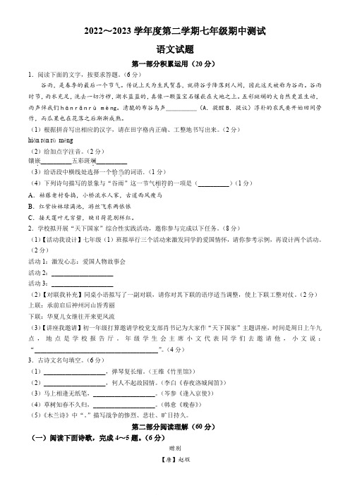 江苏省淮安市涟水县2022-2023学年七年级下学期期中语文试题(含答案)