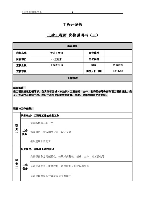 甲方现场工程师 岗位说明书(职责)