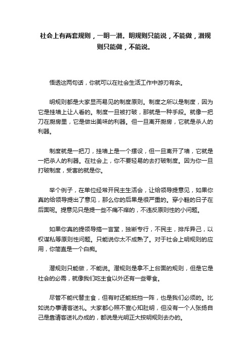 社会上有两套规则，一明一潜。明规则只能说，不能做，潜规则只能做，不能说。