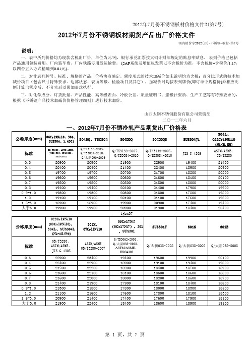 太钢2012年7月份不锈钢板材价格文件2(第7号)+