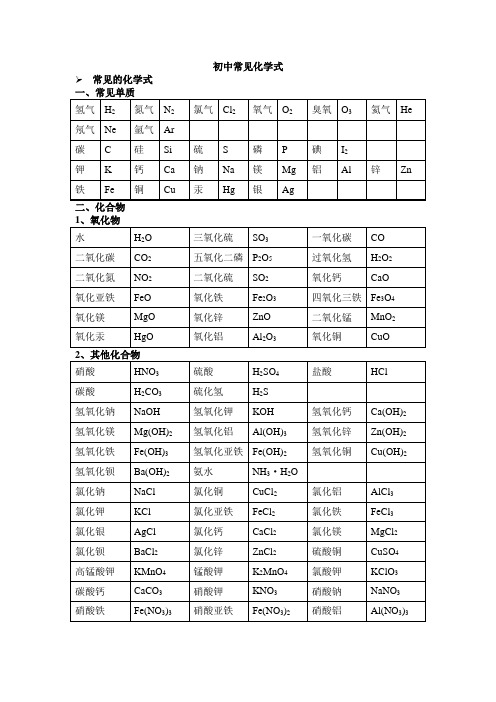 初中常见化学式大全