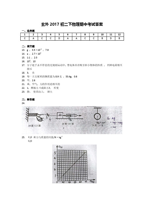 【玄外】2016-2017学年上学期初二物理期中试卷答案