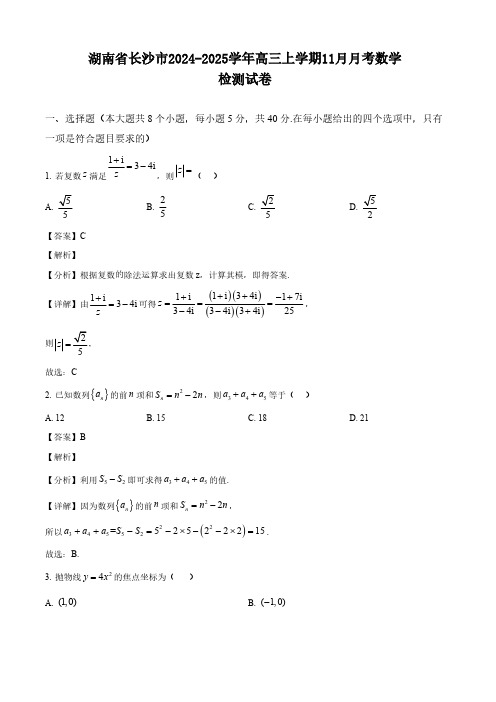 湖南省长沙市2024-2025学年高三上学期11月月考数学检测试卷(含解析)