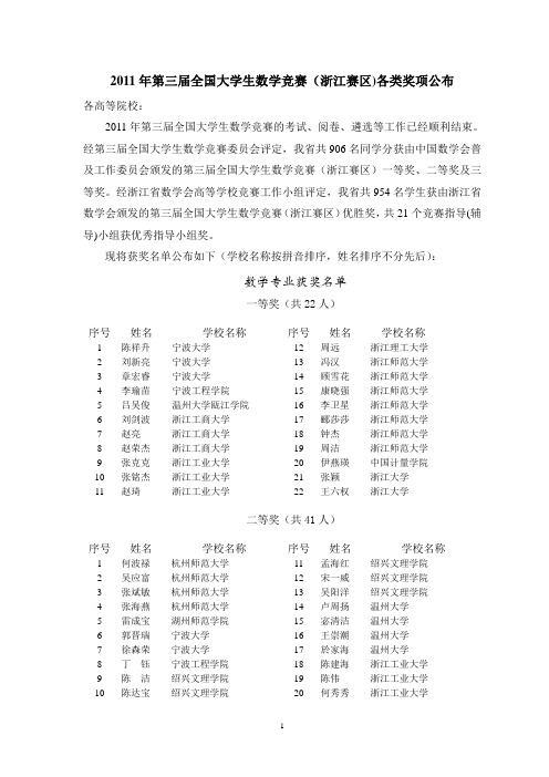 2011 年第三届全国大学生数学竞赛(浙江赛区)获奖名单