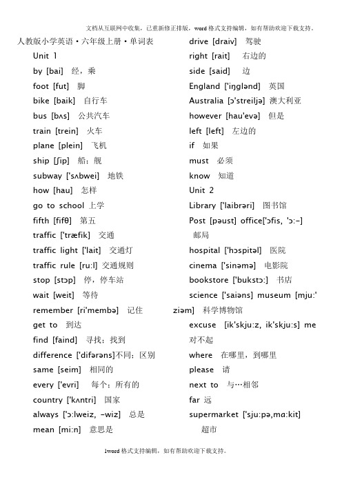 人教版小学英语_六年级上册_单词表带音标