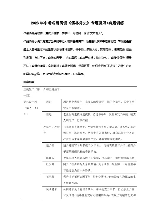 2023年中考名著阅读《儒林外史》专题复习+典题训练