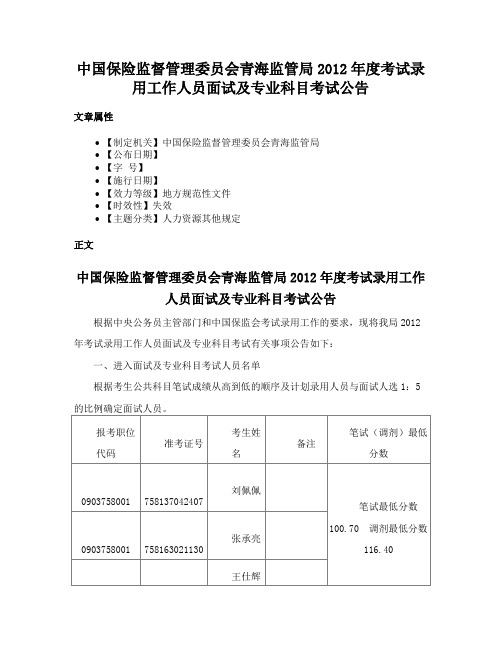 中国保险监督管理委员会青海监管局2012年度考试录用工作人员面试及专业科目考试公告