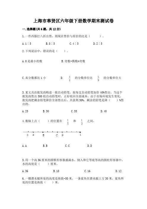 上海市奉贤区六年级下册数学期末测试卷新版