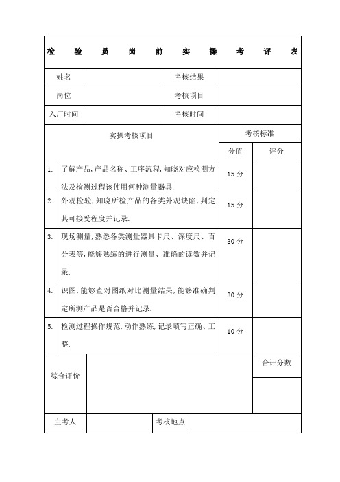 检验员岗前实操考评表