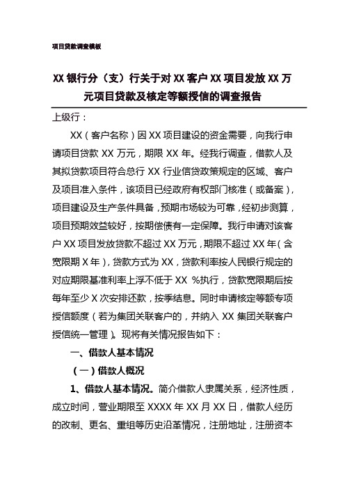 银行分(支)行关于对XX客户XX项目发放XX万元项目贷款及核定等额授信的调查报告(项目贷款调查模板)