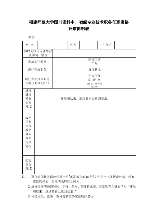 福建师范大学图书资料中初级专业技术职务任职资格