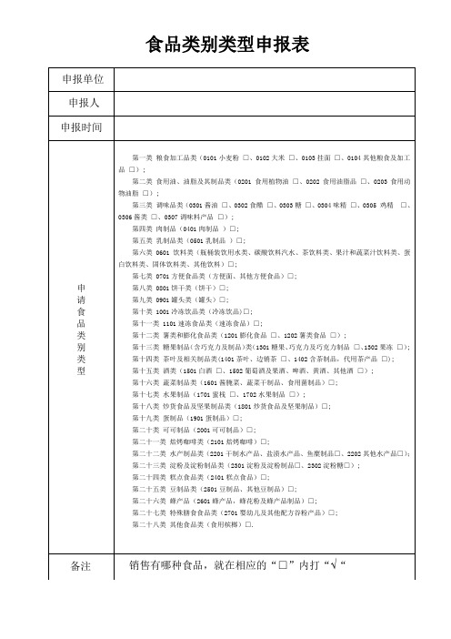 食品类别类型申报表