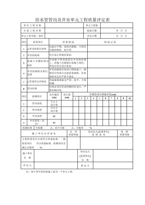 给水管管沟及井室单元工程质量评定表