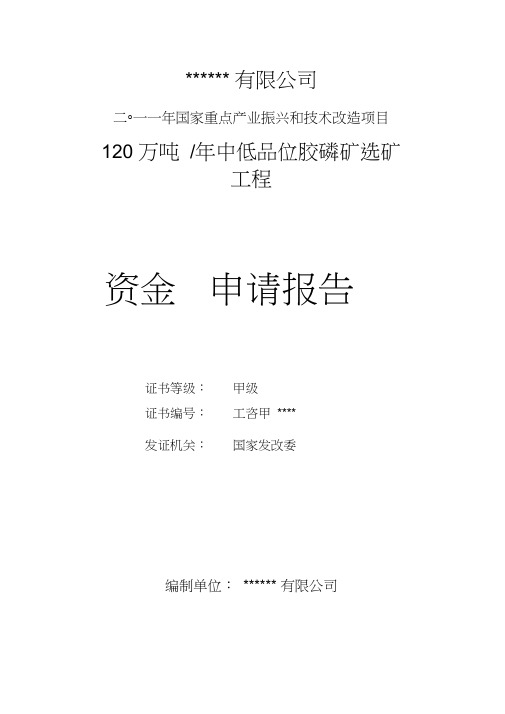 120万吨每年中低品位胶磷矿选矿工程资金可行性策划书