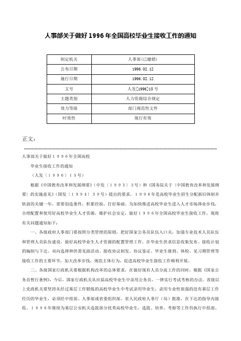 人事部关于做好1996年全国高校毕业生接收工作的通知-人发[1996]15号