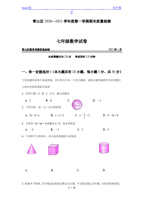 湖北省武汉市青山区2020—2021学年七年级第一学期数学期末质量检测(含答案)