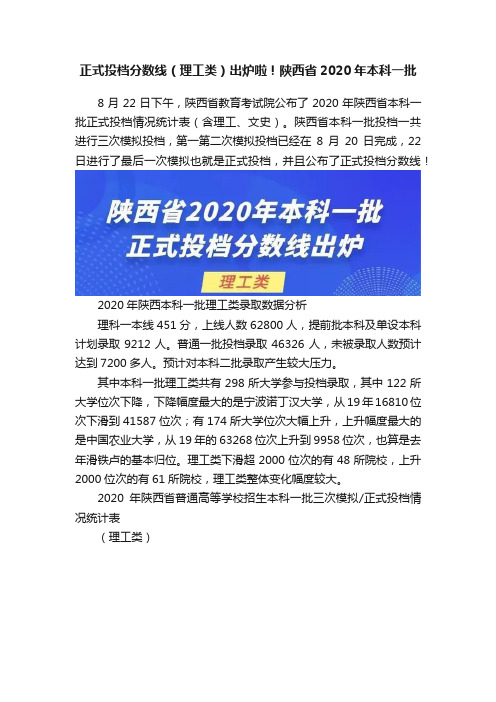 正式投档分数线（理工类）出炉啦！陕西省2020年本科一批