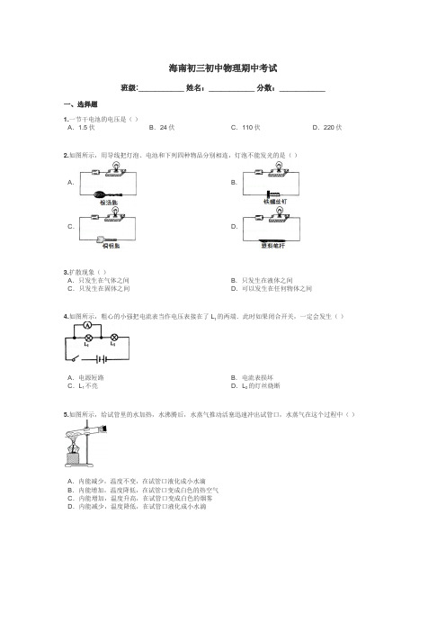 海南初三初中物理期中考试带答案解析
